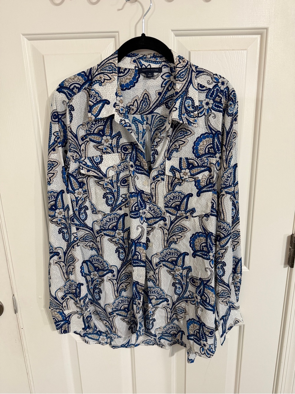Tommy Hilfiger M Blue White Paisley Button Up Blouse Long Sleeve Preppy